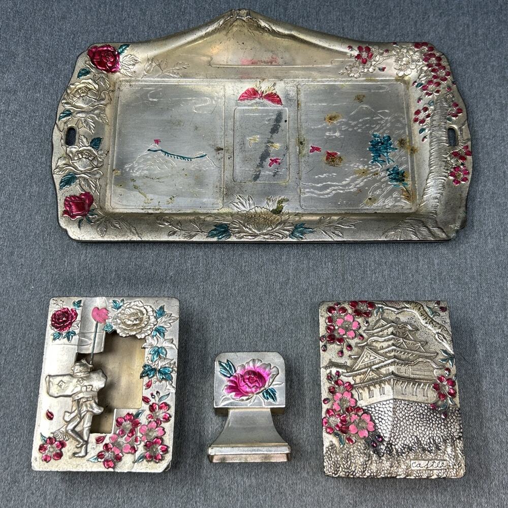 Vintage Japanese Metal Smoking Set 4pc Butterfly Floral Trinket Box Tray READ
